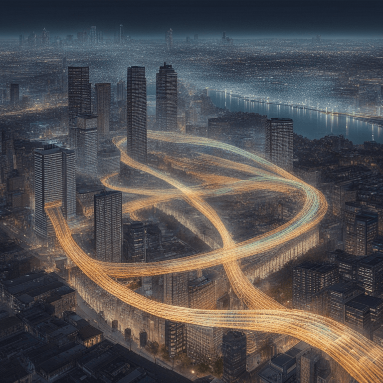고층 빌딩 사이를 가로지르는 빛의 흐름이 복잡한 교통 데이터를 시각화한 듯 이어지는 도시 전경