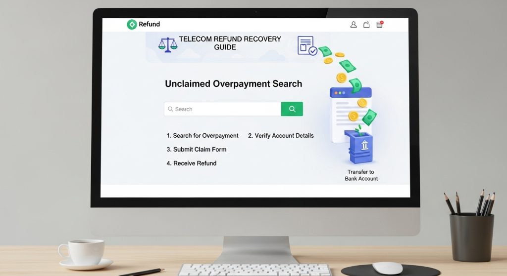 통신사 환급 회수 가이드 데스크톱 화면 미청구 과납금 검색 계좌 상세 확인 청구 양식 제출 4단계 프로세스