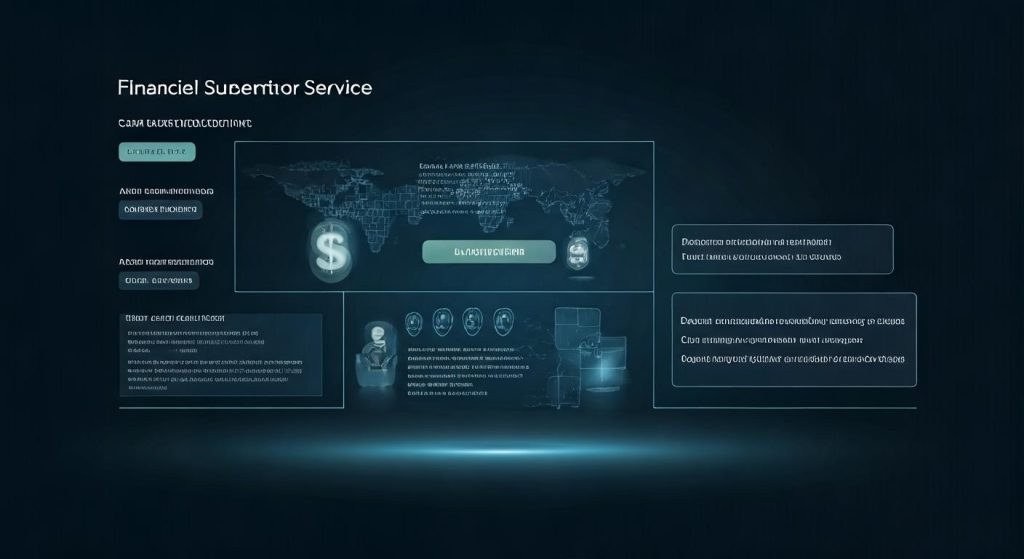 금융 슈퍼바이저 서비스 다크 모드 인터페이스 글로벌 달러 아이콘과 생체 인증 기능이 있는 디지털 금융 관리 시스템