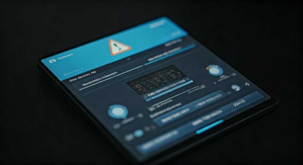 태블릿에 표시된 보안 경고가 있는 다크 테마 앱 인터페이스 계정 검증 및 금융 정보 관리 화면