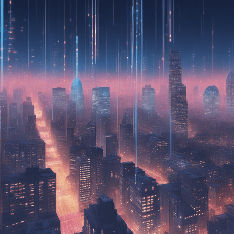 도시 야경 위로 수직으로 떨어지는 빛줄기가 데이터 신호처럼 보이는 미래적 스카이라인