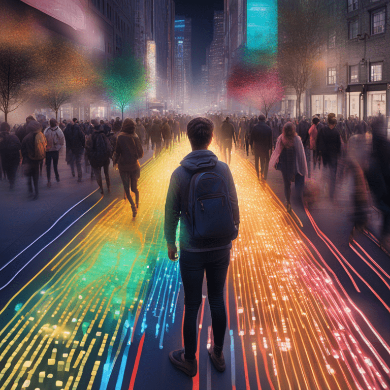 도심 한가운데에서 빛의 흐름이 길처럼 펼쳐지고, 사람들의 움직임이 데이터 파동처럼 이어지는 거리 풍경