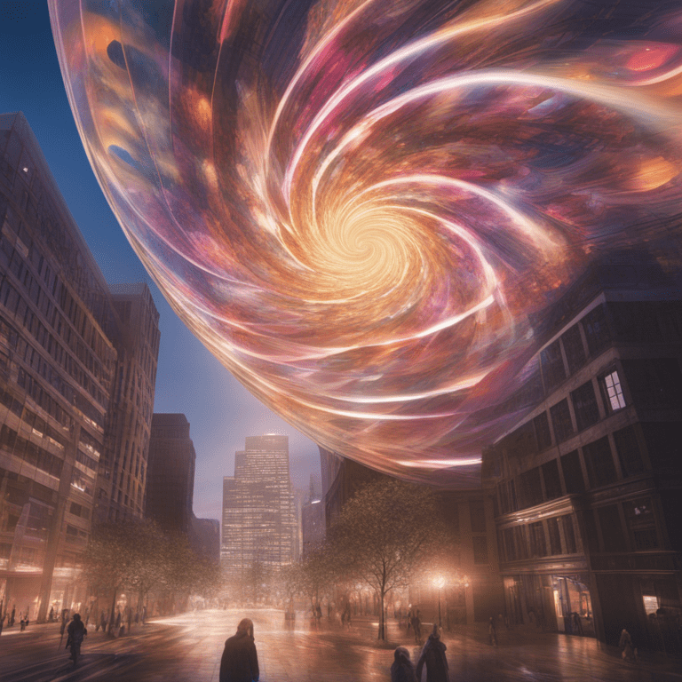 하늘에 거대한 소용돌이빛이 펼쳐져 도시 위로 에너지 파동처럼 내려오는 초현실적 장면