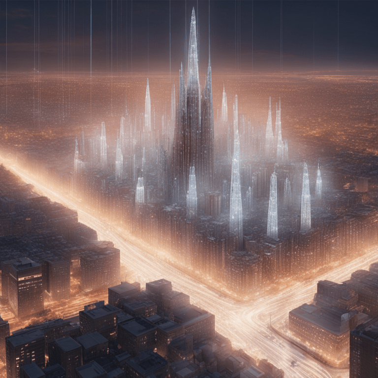 도시 중심부에서 빛나는 고층 건물들이 안개 속에서 솟아오르며 미래 도시를 연상시키는 야경