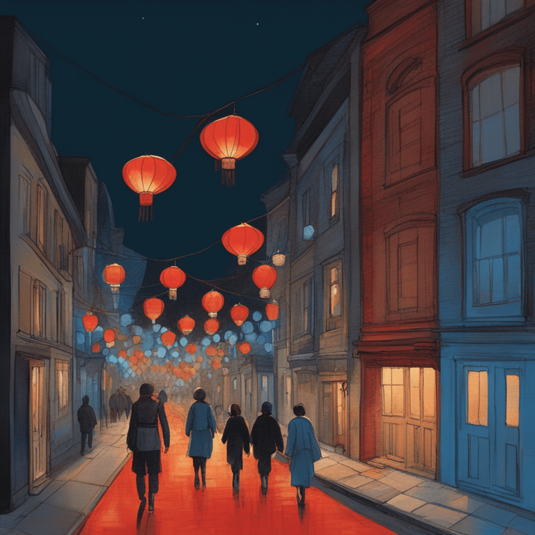 빨간 랜턴이 하늘에 매달려 골목길을 밝히고, 사람들이 천천히 걸어가는 따뜻한 야간 거리 풍경