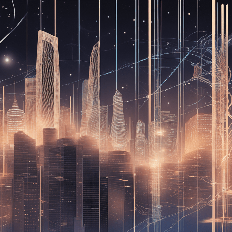 빛의 선들이 도시 고층 건물을 따라 흐르며 미래형 스카이라인을 만들어내는 야경 비주얼