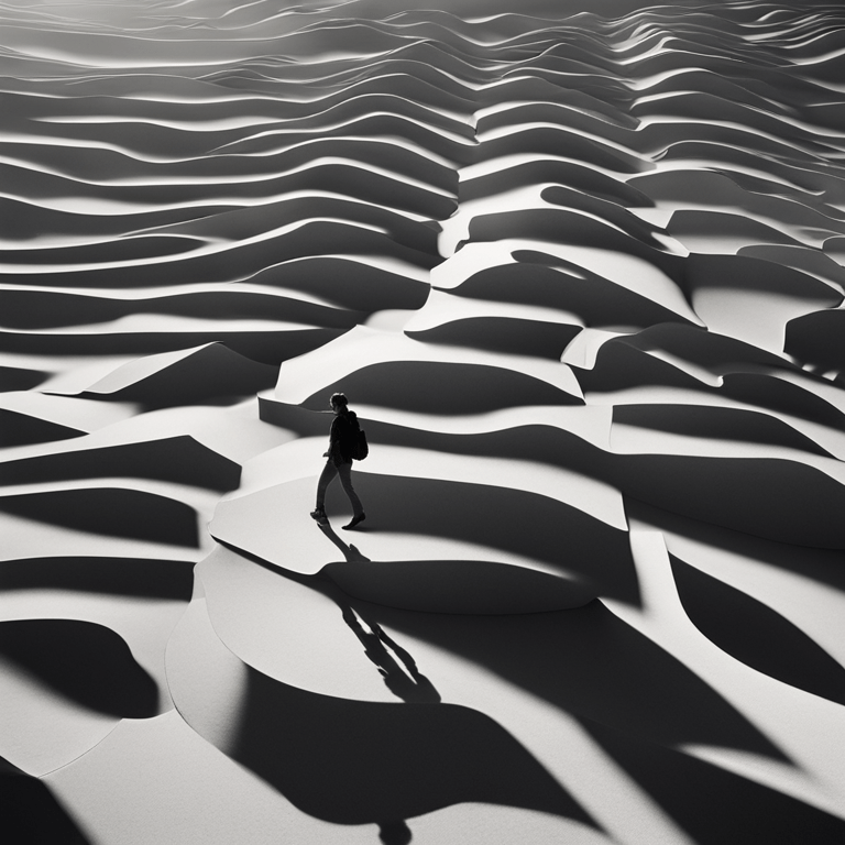 끝없이 이어진 흰색 굴곡의 지형 위를 한 사람이 걸어가며 빛과 그림자가 대비를 이루는 추상적 풍경