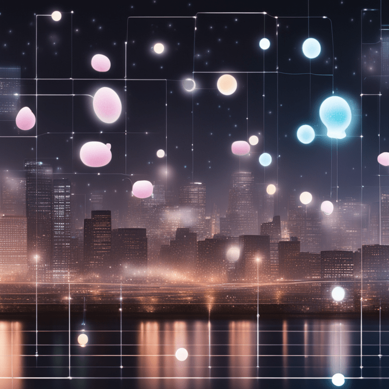 도시 스카이라인을 배경으로 다양한 색의 데이터 노드가 공중에 떠 있는 인터랙티브 시각화 이미지
