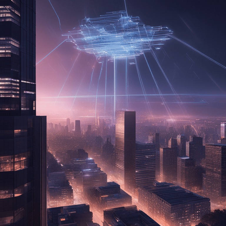 도시 상空에 떠 있는 데이터 클라우드가 빛의 선으로 정보를 내려 보내는 미래적 풍경