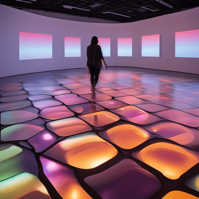 바닥 전체가 다채로운 색감으로 살아 움직이며 관람객의 발걸음에 반응하는 인터랙티브 전시 공간
