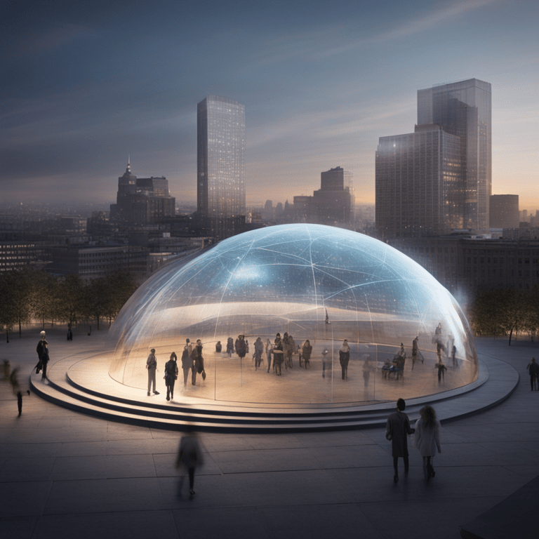 밤하늘 아래에서 유리 돔 구조 안에 사람들이 모여, 데이터가 흐르는 듯한 실루엣을 감상하는 장면