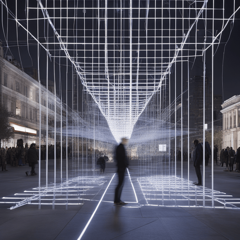 빛의 격자가 공간을 가득 채우며 관람객이 걸어 들어가는 듯한 몰입형 라이트 설치 작품
