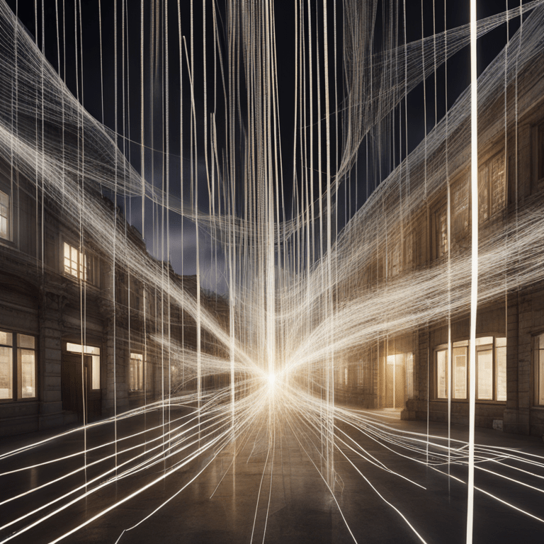 어두운 도시 골목 위로 빛의 선들이 교차하며 시각적 깊이를 만드는 데이터 스트림 이미지