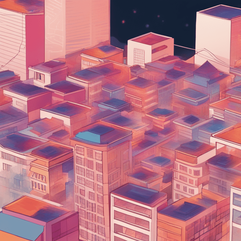 따뜻한 분홍빛과 보랏빛이 도시 건물들 사이에서 퍼지며 몽환적 분위기를 만드는 일러스트 풍경