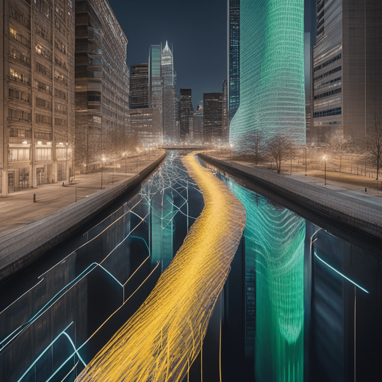 물길 위로 황금빛과 청록빛 데이터 흐름이 겹쳐지며 도심을 따라 움직이는 듯한 장면