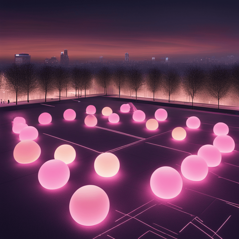 핑크빛 구형 조명들이 광장 위에 배열되어 몽환적인 도시 설치 예술을 이루는 야경