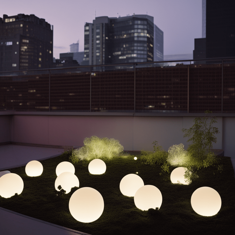 도심 옥상 정원 위에 둥근 조명들이 부드럽게 빛나며 야경 속에서 아늑한 분위기를 만드는 장면