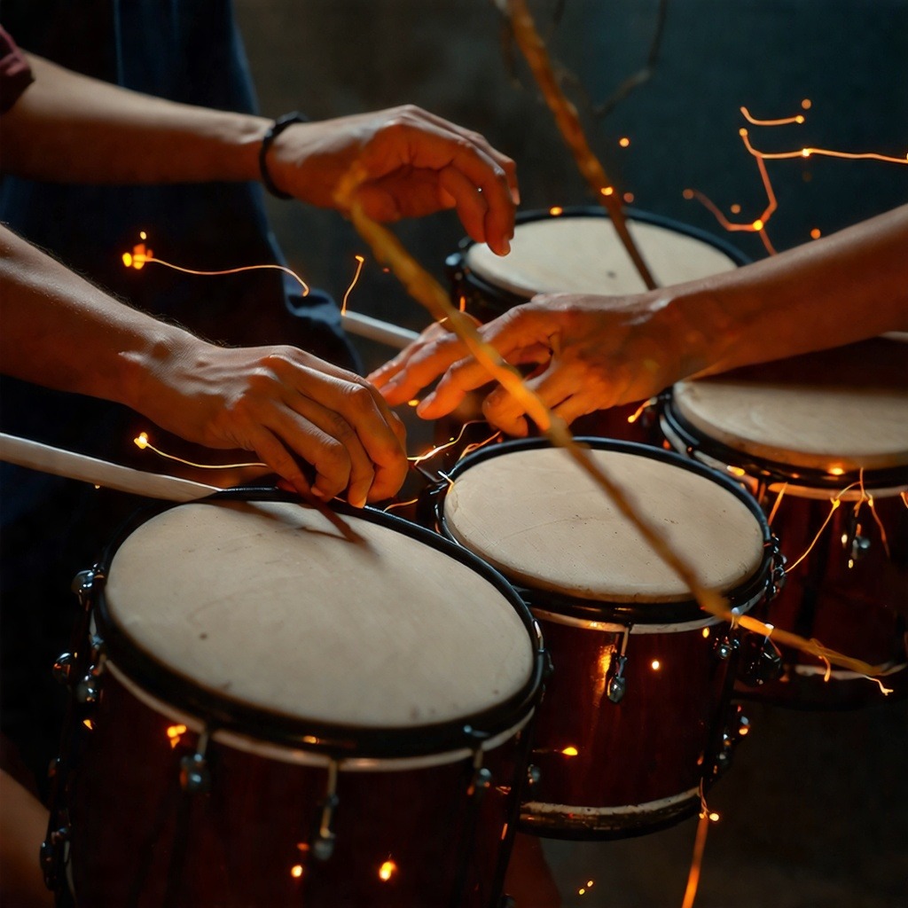 밝은 실내 스튜디오에서 원형으로 앉아 손북을 들고 있는 드럼 워크숍 참가자들, 나무 바닥과 흰 벽