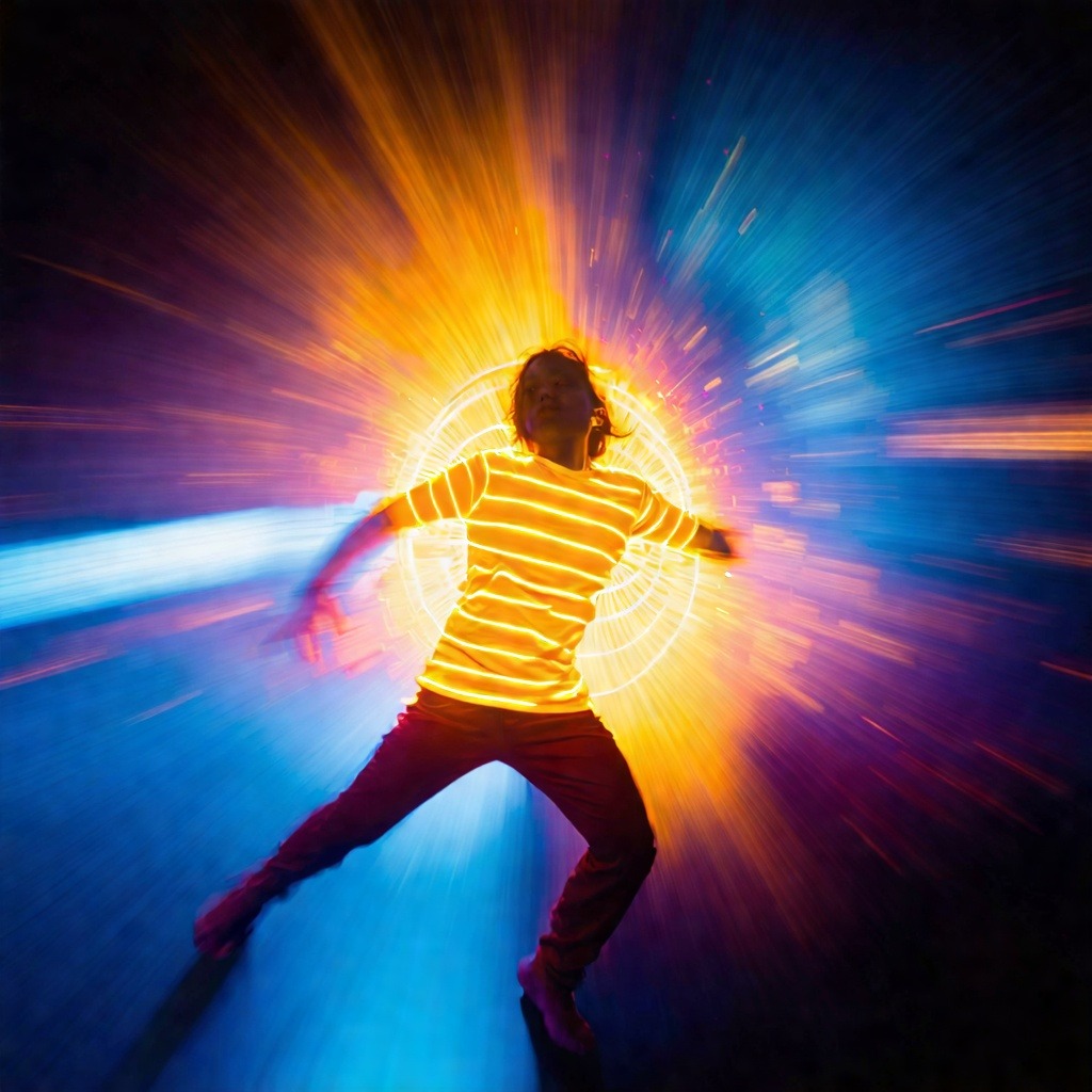 무지개 색상의 레이저 그리드가 공간 전체를 감싸는 몰입형 설치 작품 앞에 서 있는 세 명의 관객 실루엣