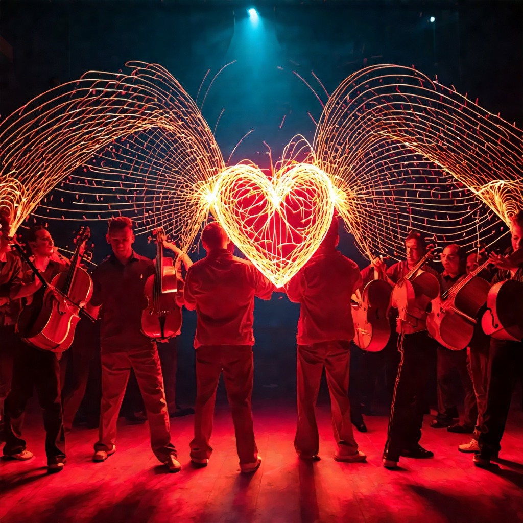 따뜻한 베이지색 배경 앞에서 우아하게 춤추는 발레리나, 그녀의 몸을 따라 흐르는 황금빛 빛의 리본