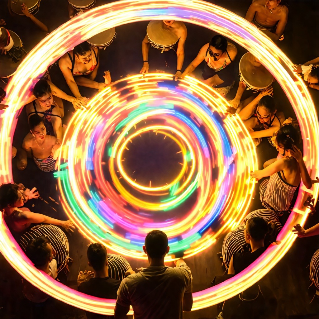 베이지색 배경에 파란색 사각형 위로 모인 여러 색깔의 손들, 그 위로 청록색 에너지 나선이 흐르는 일러스트레이션