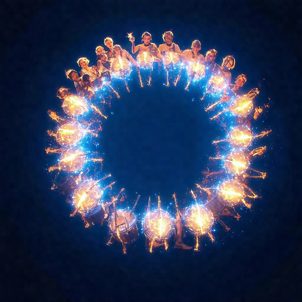 어두운 스튜디오에서 전자 음악 장비 주변에 모인 젊은 그룹, 홀로그램 같은 파란 빛 효과가 손 위에 떠있음