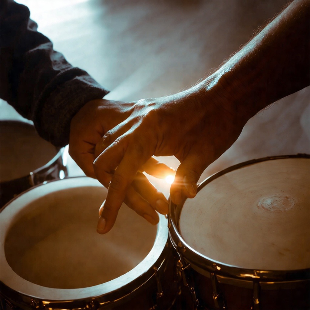 밝은 실내에서 줄지어 앉아 아프리카 드럼을 연주하는 다양한 참가자들, 행복한 표정