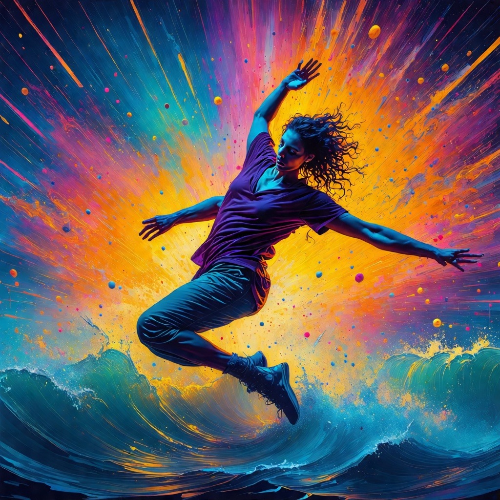 보라색과 흰색 빛의 물결 패턴이 천장에 투사된 가운데 춤추는 군중을 바라보는 퍼포머