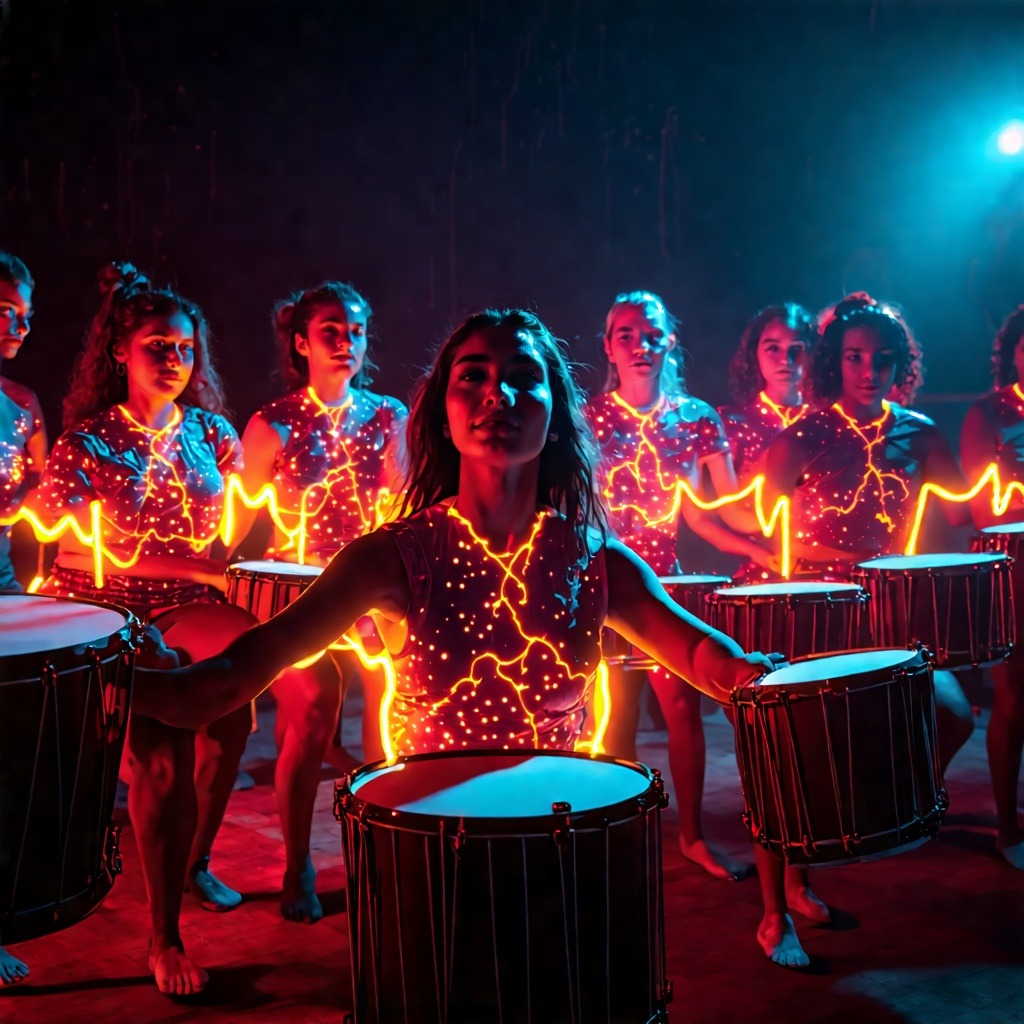 흰 옷을 입은 댄서가 보라색과 녹색 빛의 나선형 궤적에 둘러싸여 우아하게 춤추는 모습