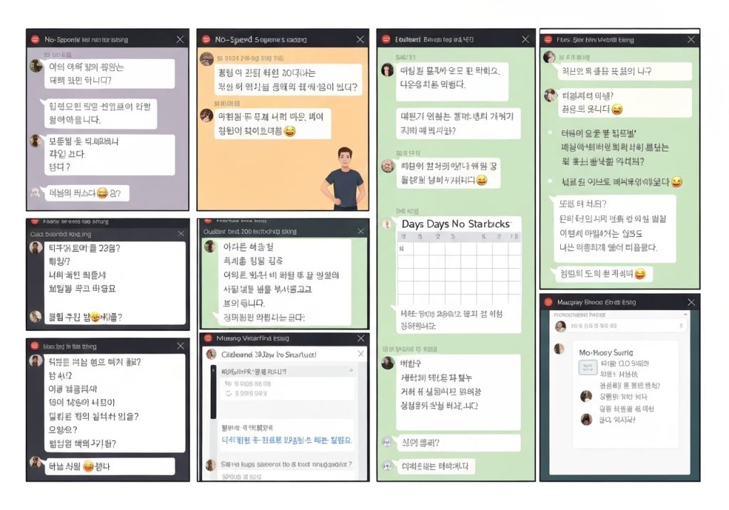 다양한 색상 테마의 모바일 메신저 대화 스크린샷 모음 소비 절약과 재정 관리 관련 한국어 채팅 내용 9개 화면