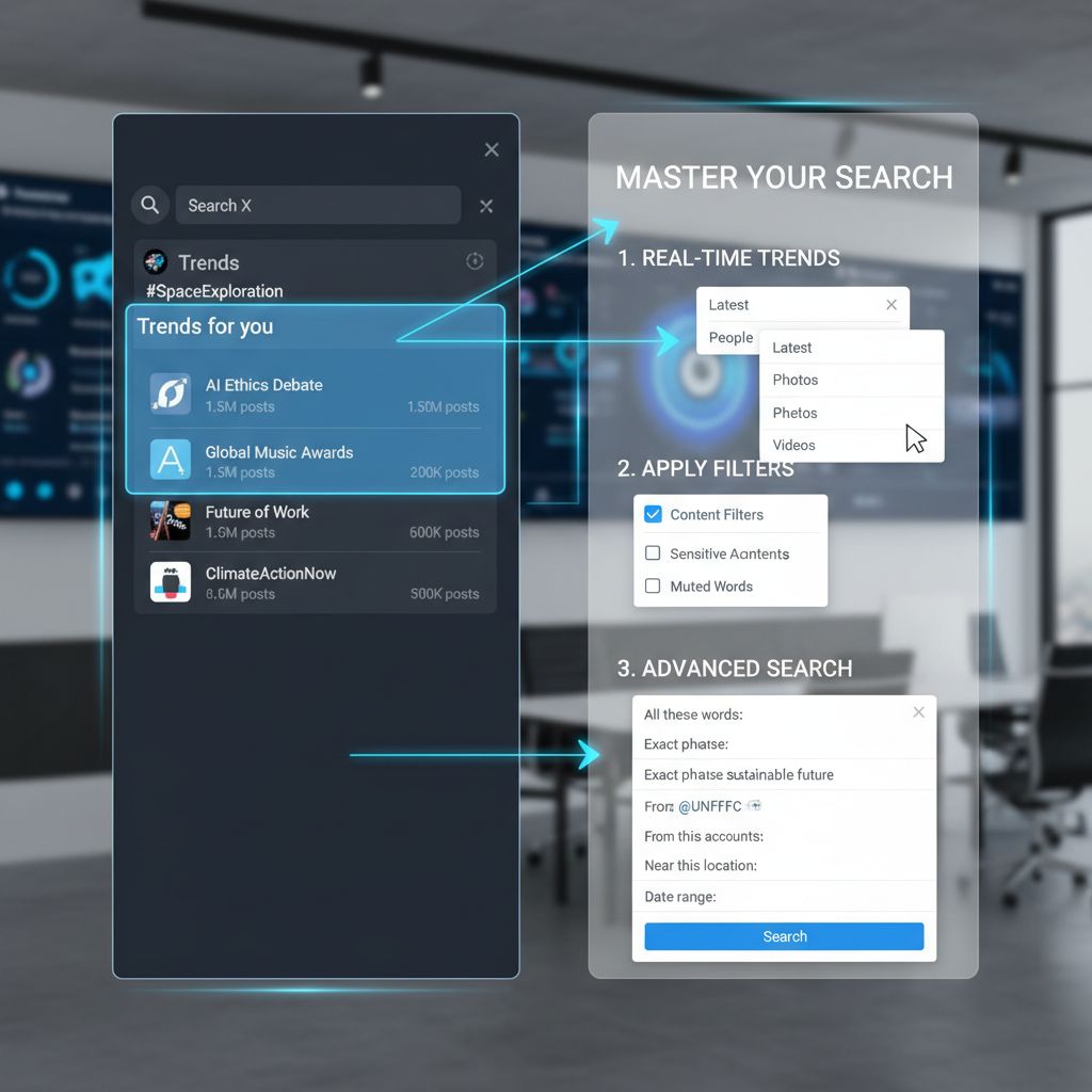 트위터 검색 마스터 가이드 실시간 트렌드 필터 적용 고급 검색 기능을 3단계로 설명하는 인터페이스 다이어그램
