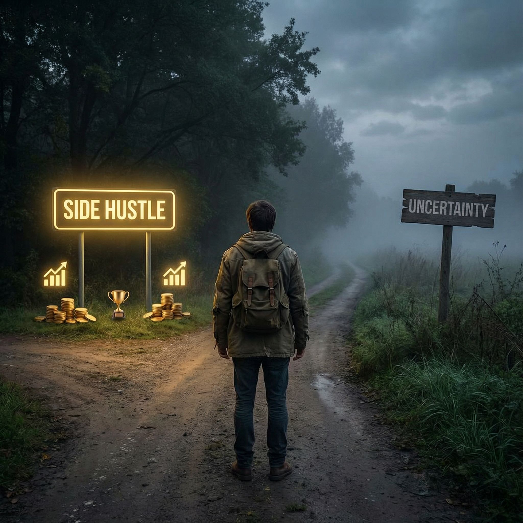 한 사람이 갈림길에 서 있습니다. 한쪽은 동전과 트로피가 빛나는 성공의 길이고, 다른쪽은 희미해지는 불확실한 길입니다.