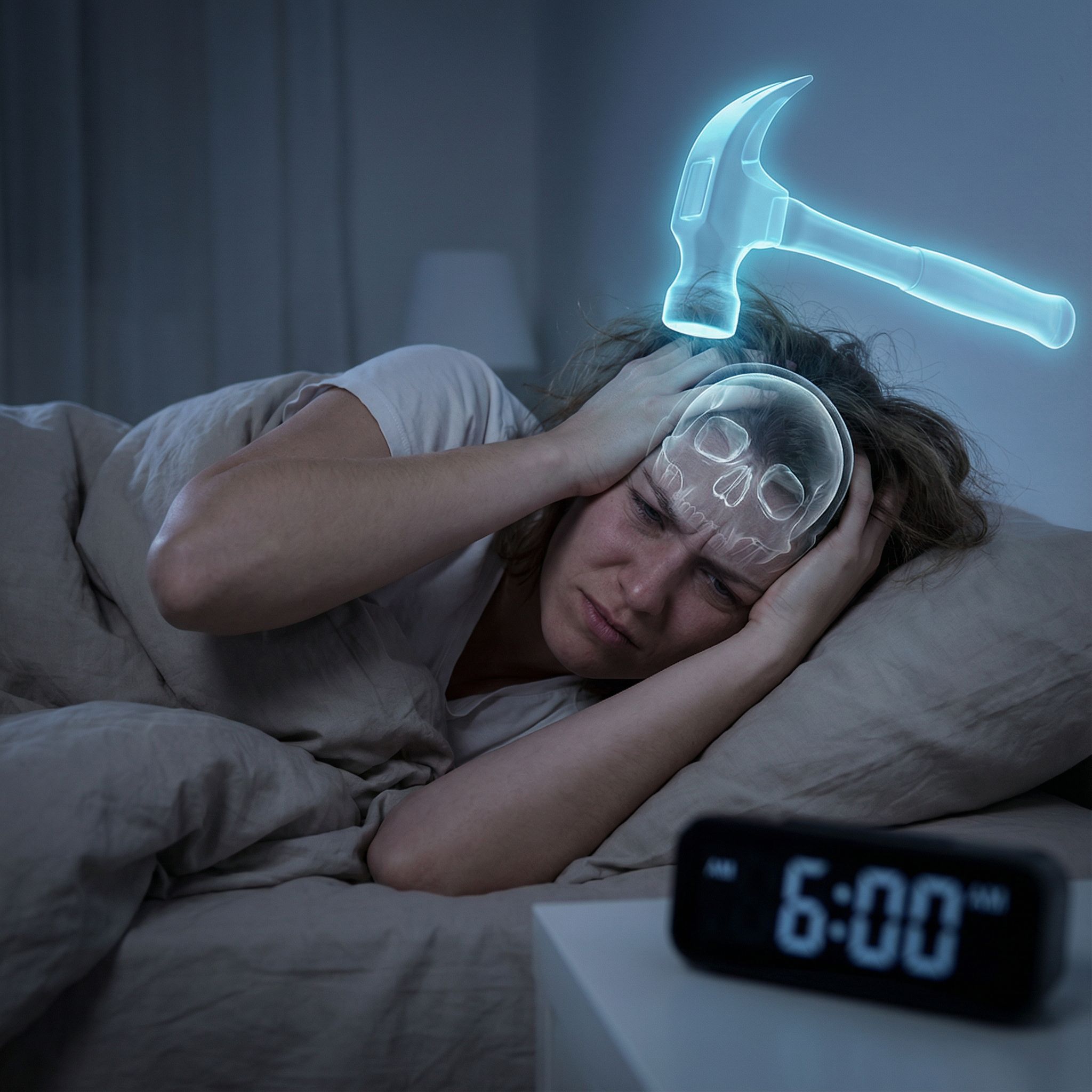 침대에 누워 머리를 움켜쥔 사람의 두개골 안쪽으로 반투명한 망치가 빛나며 내리쳐, 두통이 알람 시계를 대신하는 모습이다.