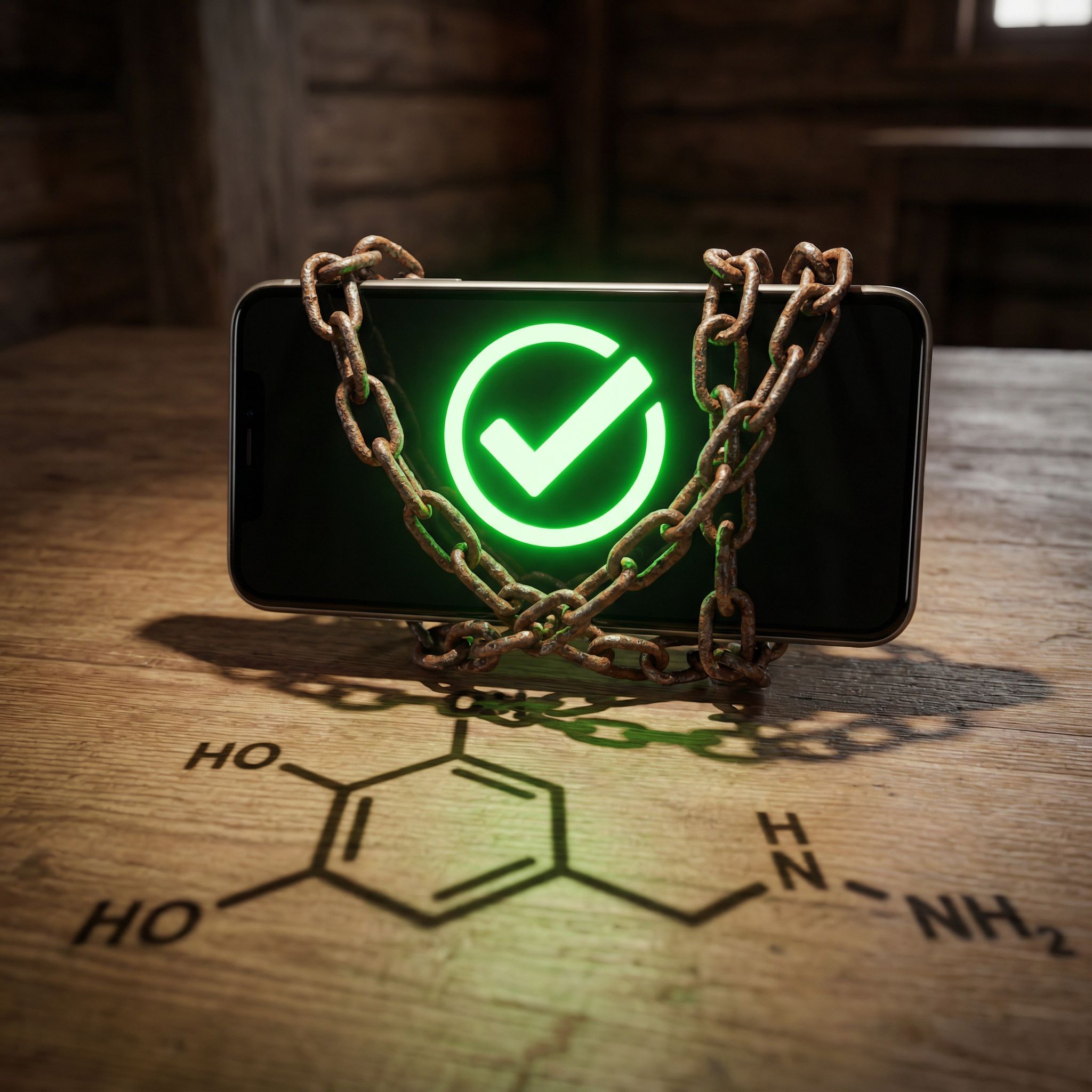 휴대폰 화면의 빛나는 체크 표시 아이콘을 둘러싼 엉킨 사슬이 도파민 분자 모양의 그림자를 드리우고 있습니다.