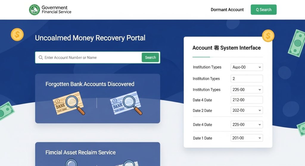 정부 금융 서비스 미청구 자금 회수 포털 잊혀진 은행 계좌 발견 및 금융 자산 환급 청구 시스템 인터페이스