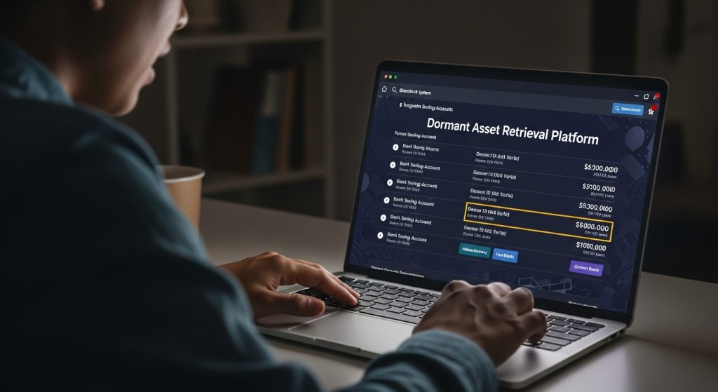 휴면 자산 회수 플랫폼 노트북 화면 잊혀진 은행 계좌와 예금을 찾아 환급받는 금융 시스템 인터페이스