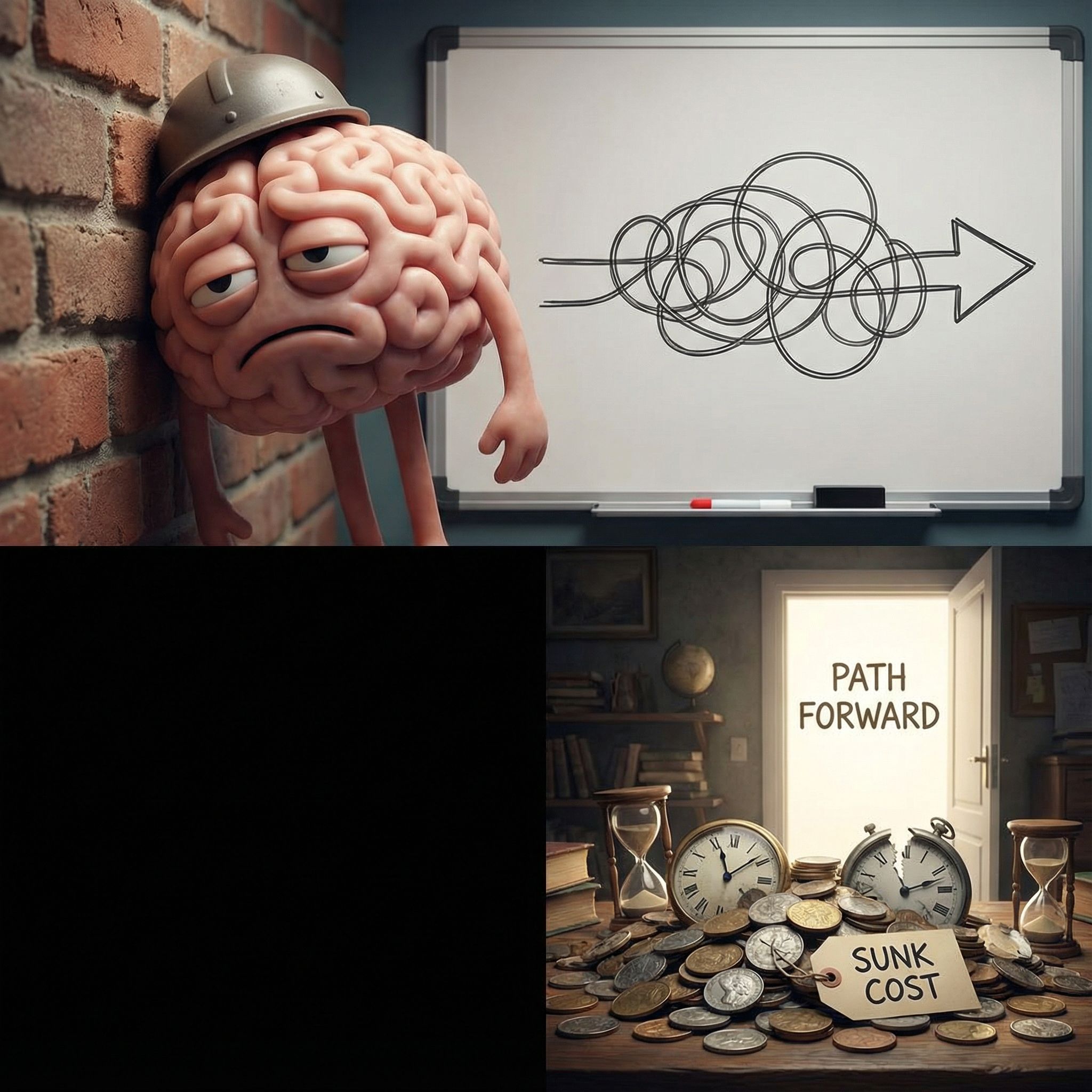 회색 벽에 부딪히는 뇌가 좌절한 표정이고, 쓸모없이 순환하는 화살표 차트 옆에 쌓인 동전과 시간이 전진을 막고 있습니다.