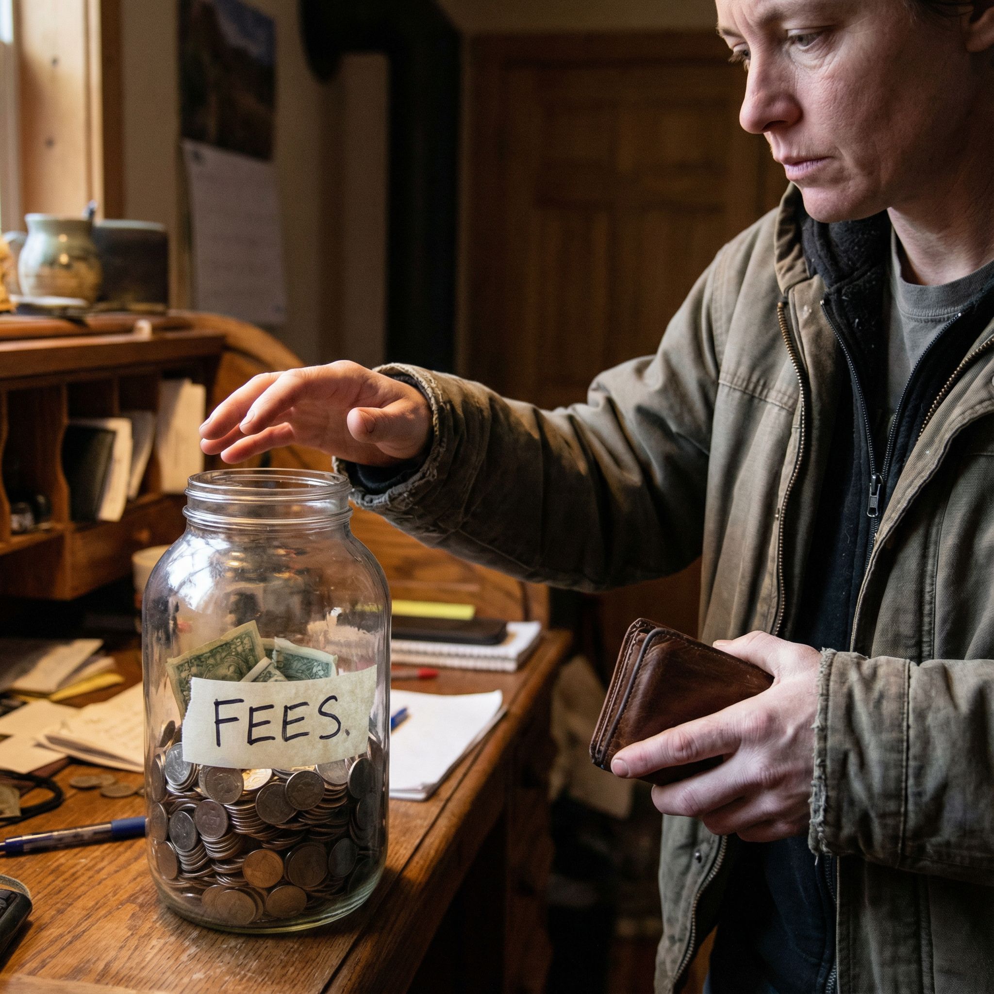 한 사람이 수수료라고 적힌 넘쳐나는 큰 병에 동전을 넣으려 망설이며 지갑을 꽉 쥐고 있습니다.