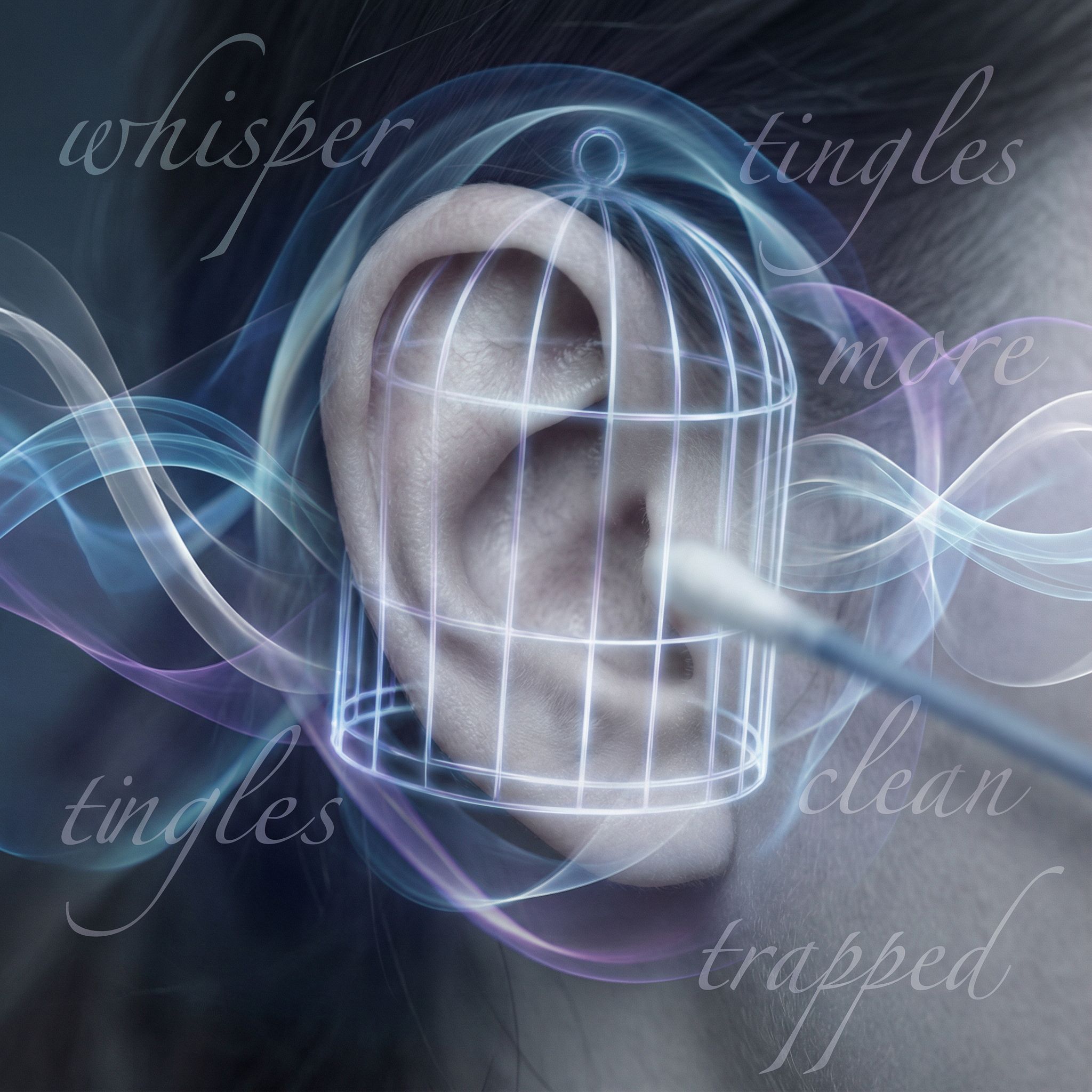 귀를 과도하게 청결하게 관리하는 모습과 함께, 유령 속삭임 같은 추상적인 소리 파동이 ASMR 중독의 덫을 표현한 이미지입니다.