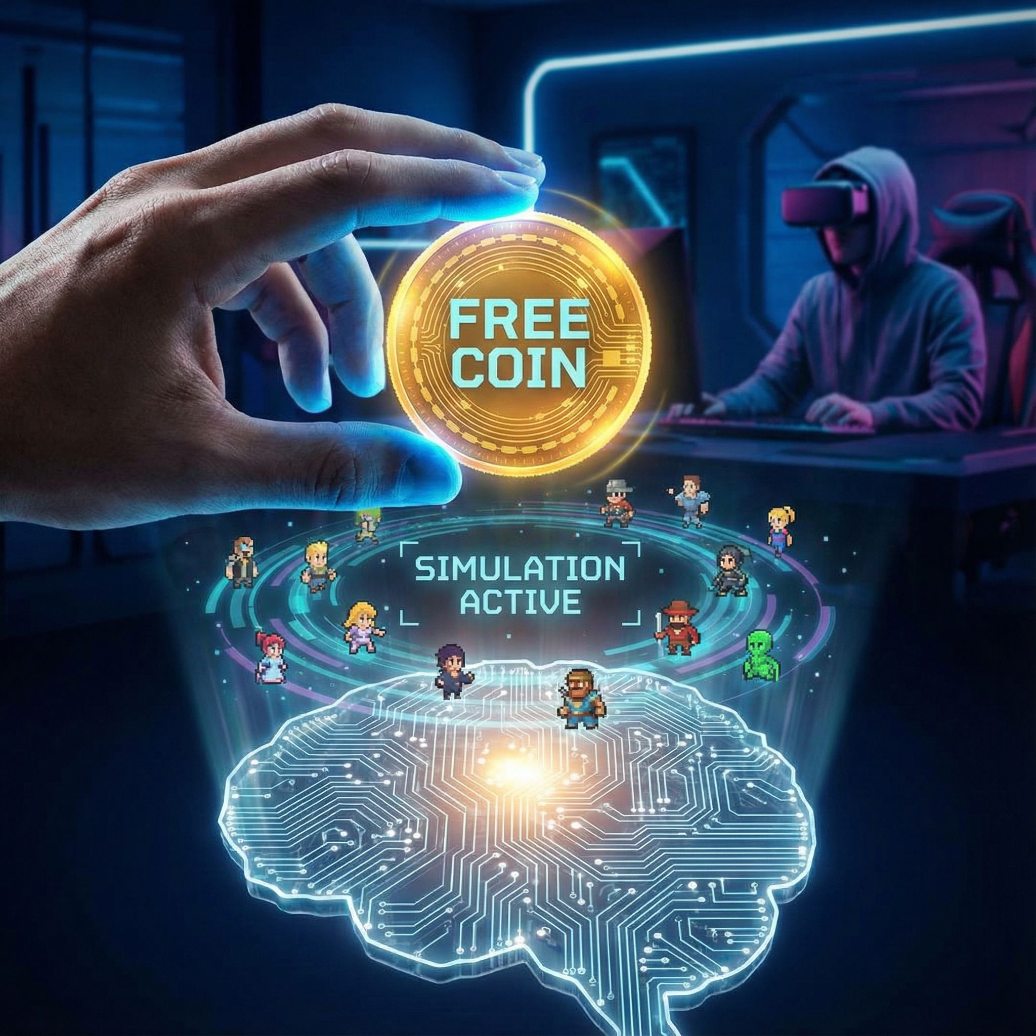 빛나는 동전을 향해 뻗은 손과 함께 뇌 모양 회로판이 빛나며 복잡한 게임 시뮬레이션이 시작되는 모습이다.