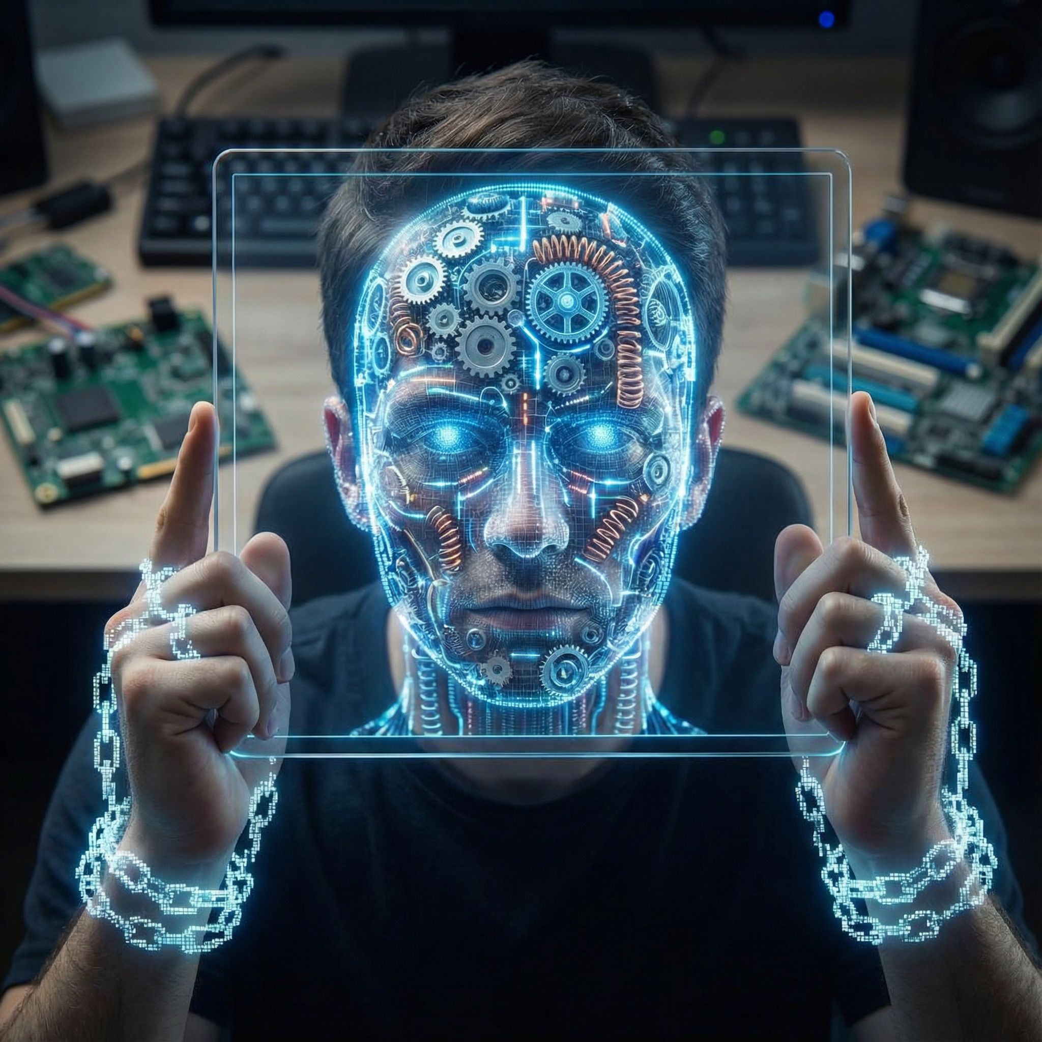 빛나는 스마트폰 화면에 갇힌 사람의 뇌가 기어와 도파민 경로로 시각화되어 디지털 사슬에 저항하는 모습이다.