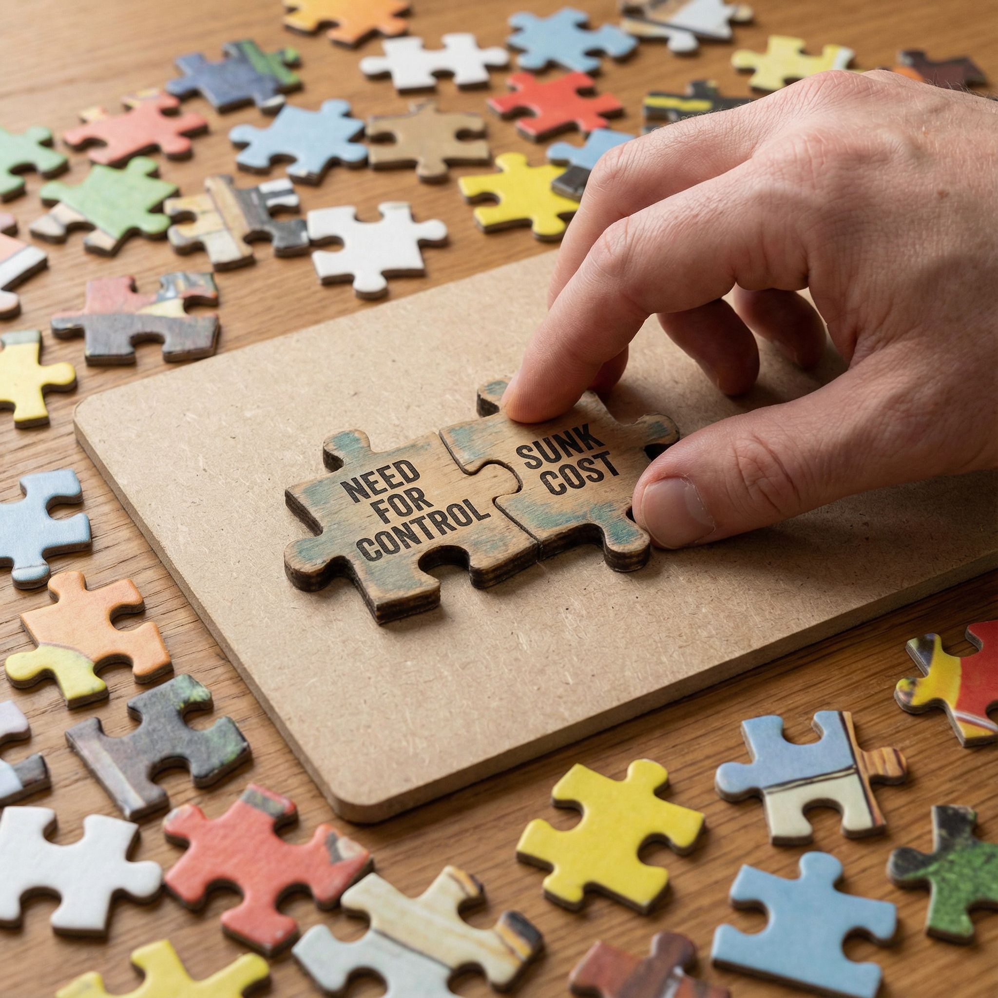 손이 '통제 욕구'와 '매몰 비용'이라고 적힌 퍼즐 조각을 억지로 맞추려는 모습이며 주변에는 어울리지 않는 다른 조각들이 흩어져 있습니다.
