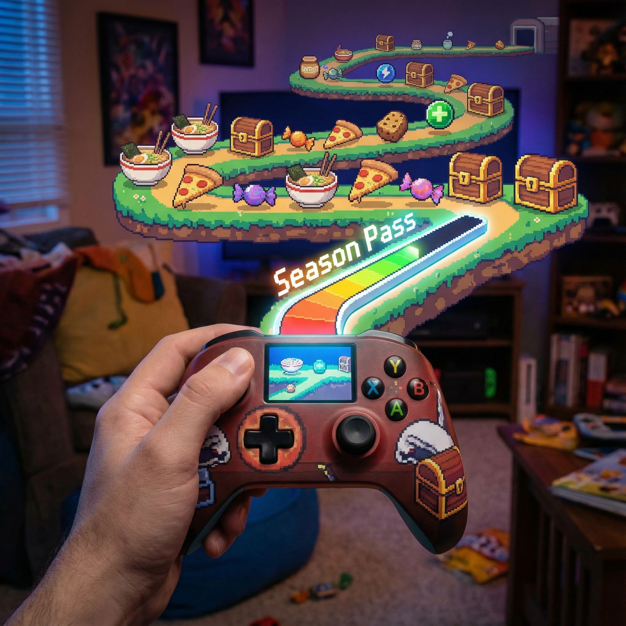 손에 든 게임 컨트롤러에서 반짝이는 시즌패스 진행 바가 픽셀 형태의 다채로운 과자와 보상들로 이어진 길로 변해 나아가는 모습이다.
