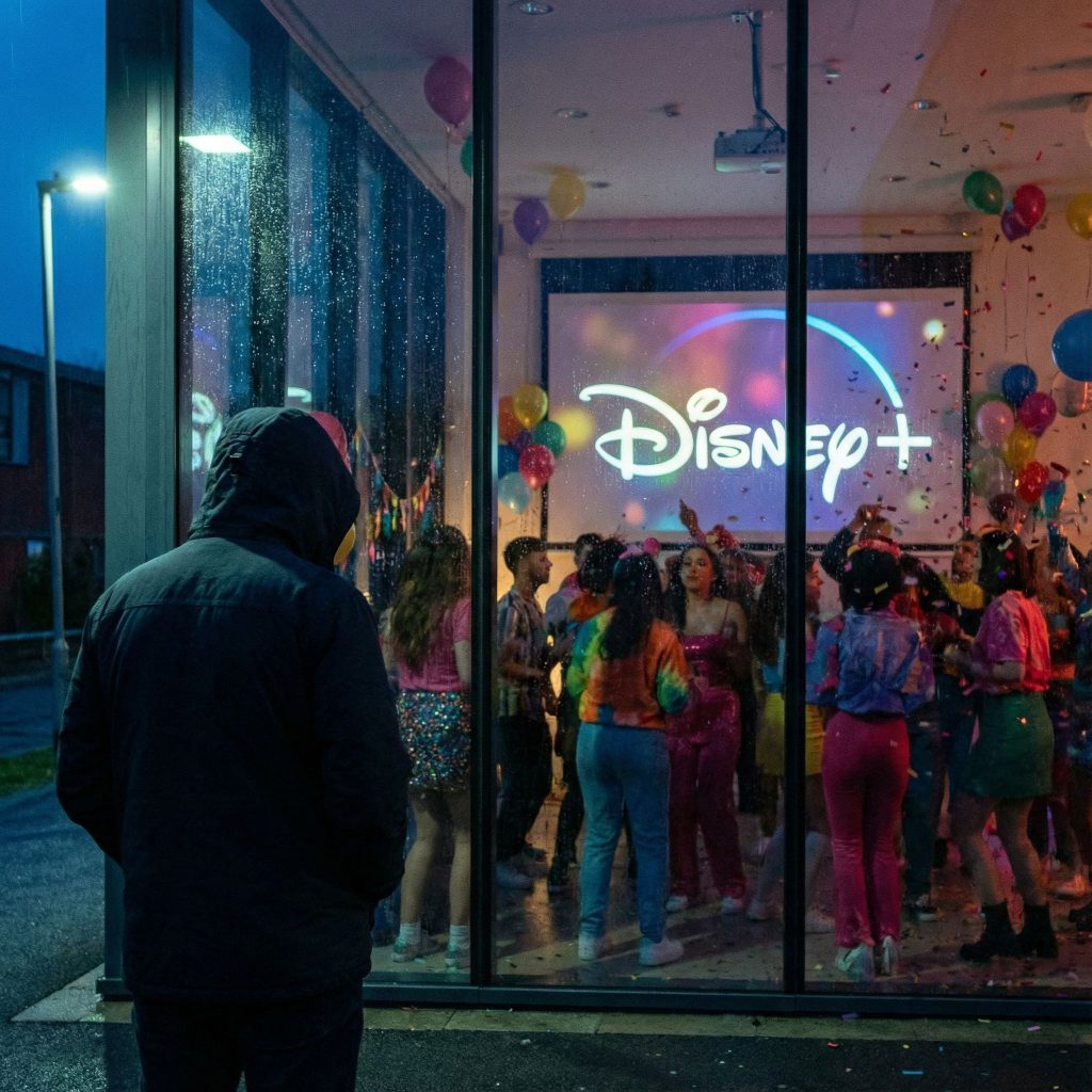 투명한 벽에 막혀 홀로 서서 반대편의 생동감 넘치는 디즈니 플러스 로고 파티를 바라보며 소외감을 느끼는 모습이다.