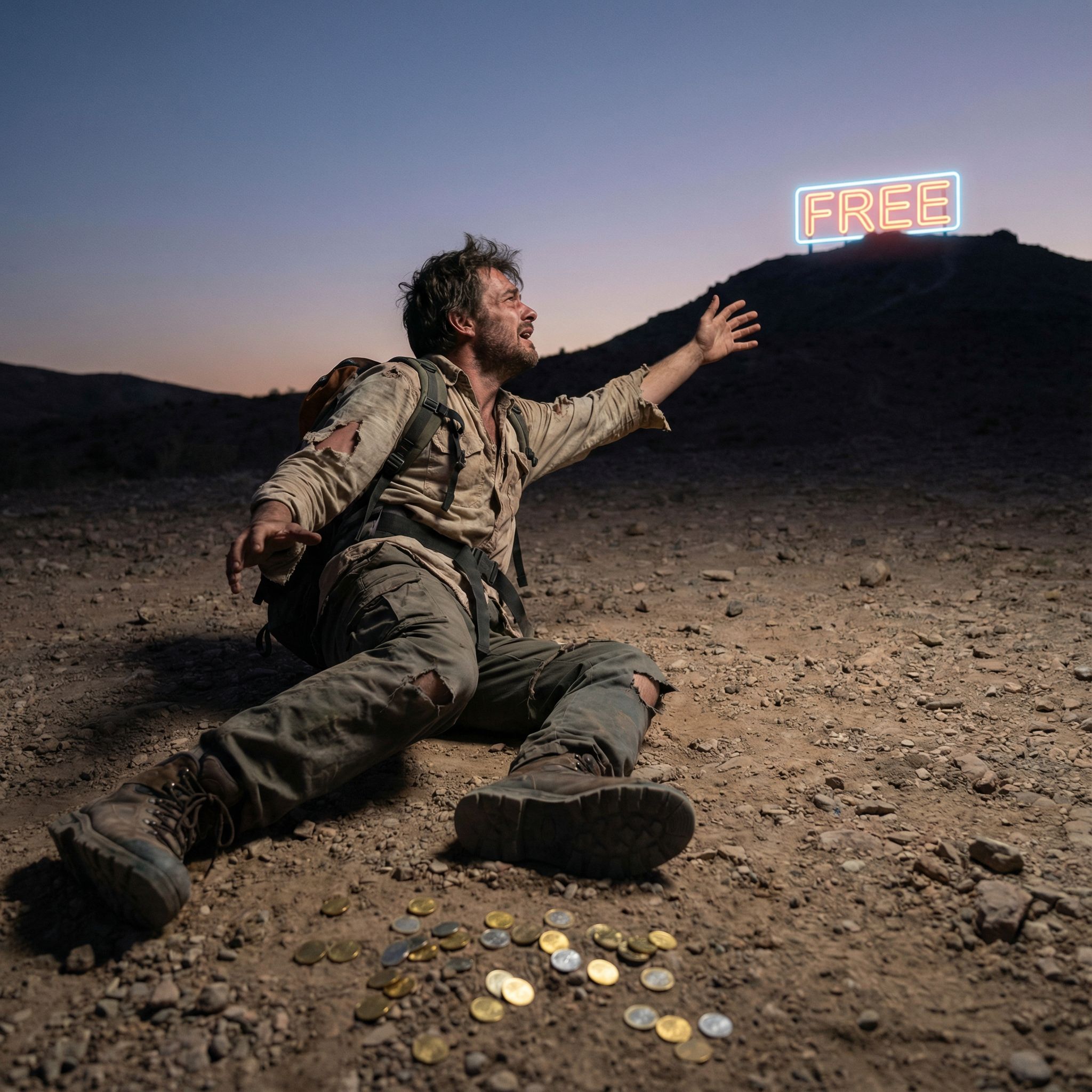 먼 언덕의 빛나는 무료 표지판을 향해 팔을 뻗는 사람이 발밑의 동전은 보지 못하는 모습입니다.