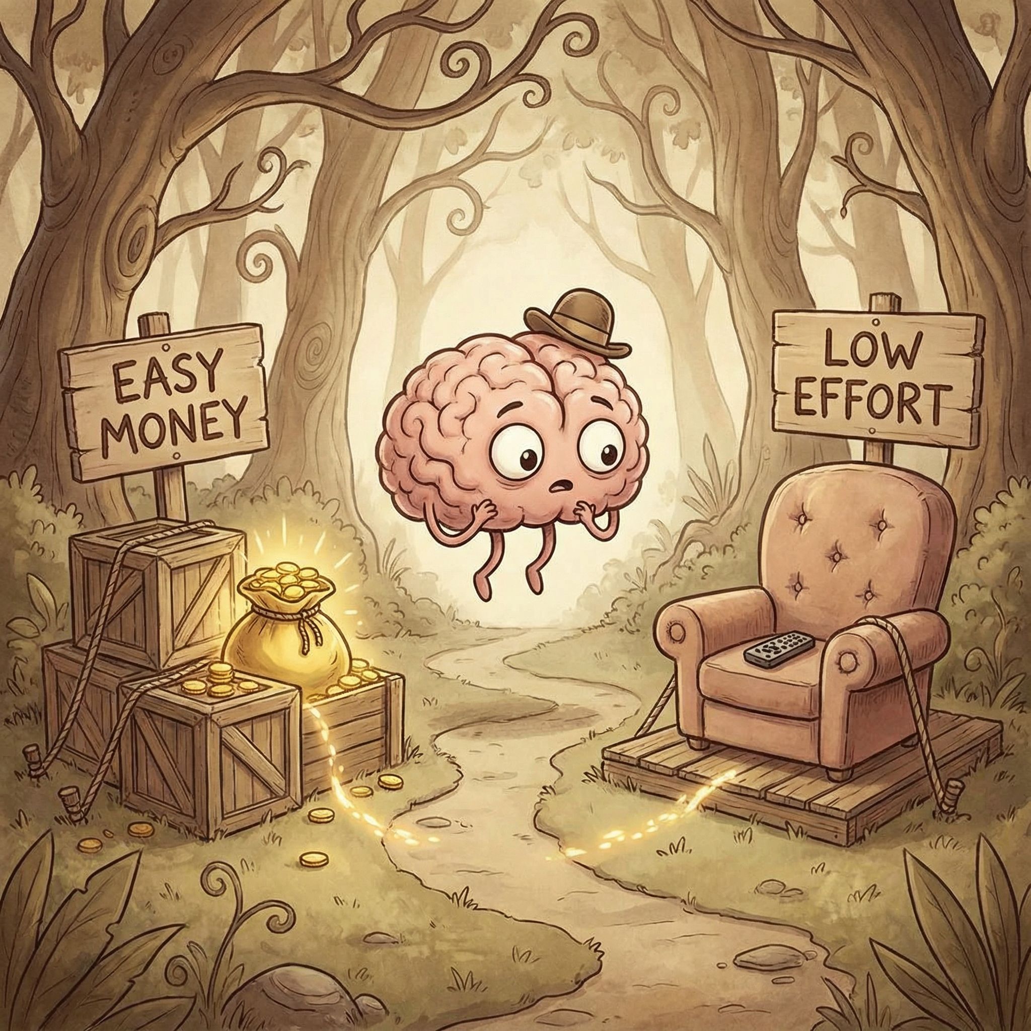 두 개의 덫에 유인되는 그림체의 뇌가 있습니다. 하나는 반짝이는 동전이 있는 쉬운 돈 덫이고 다른 하나는 편안한 소파가 있는 낮은 노력 덫입니다