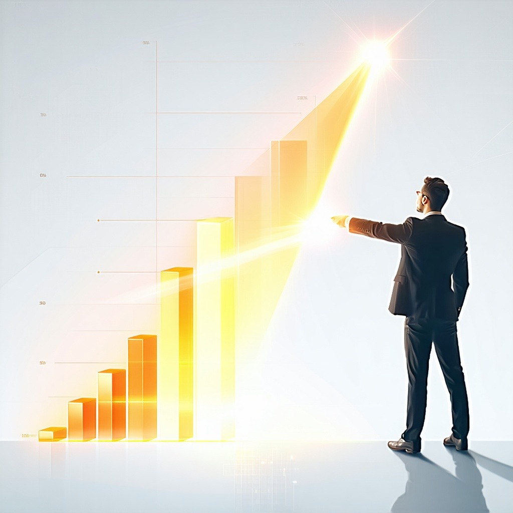 밝은 빛을 향해 상승하는 그래프를 정장 차림의 남성이 손으로 가리키고 있다