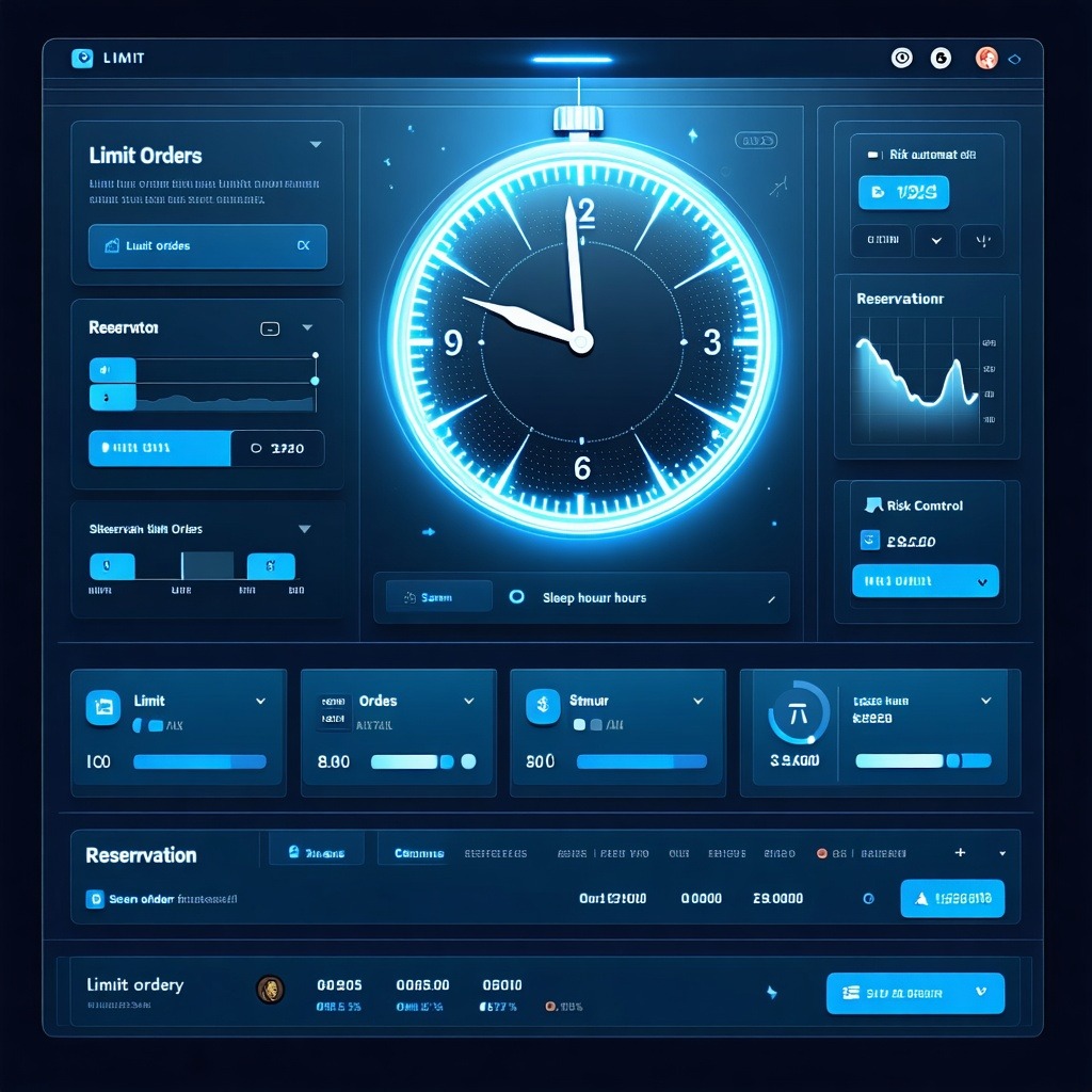 파란빛의 인터페이스에 큰 시계와 주문 설정 옵션이 표시된 트레이딩 화면