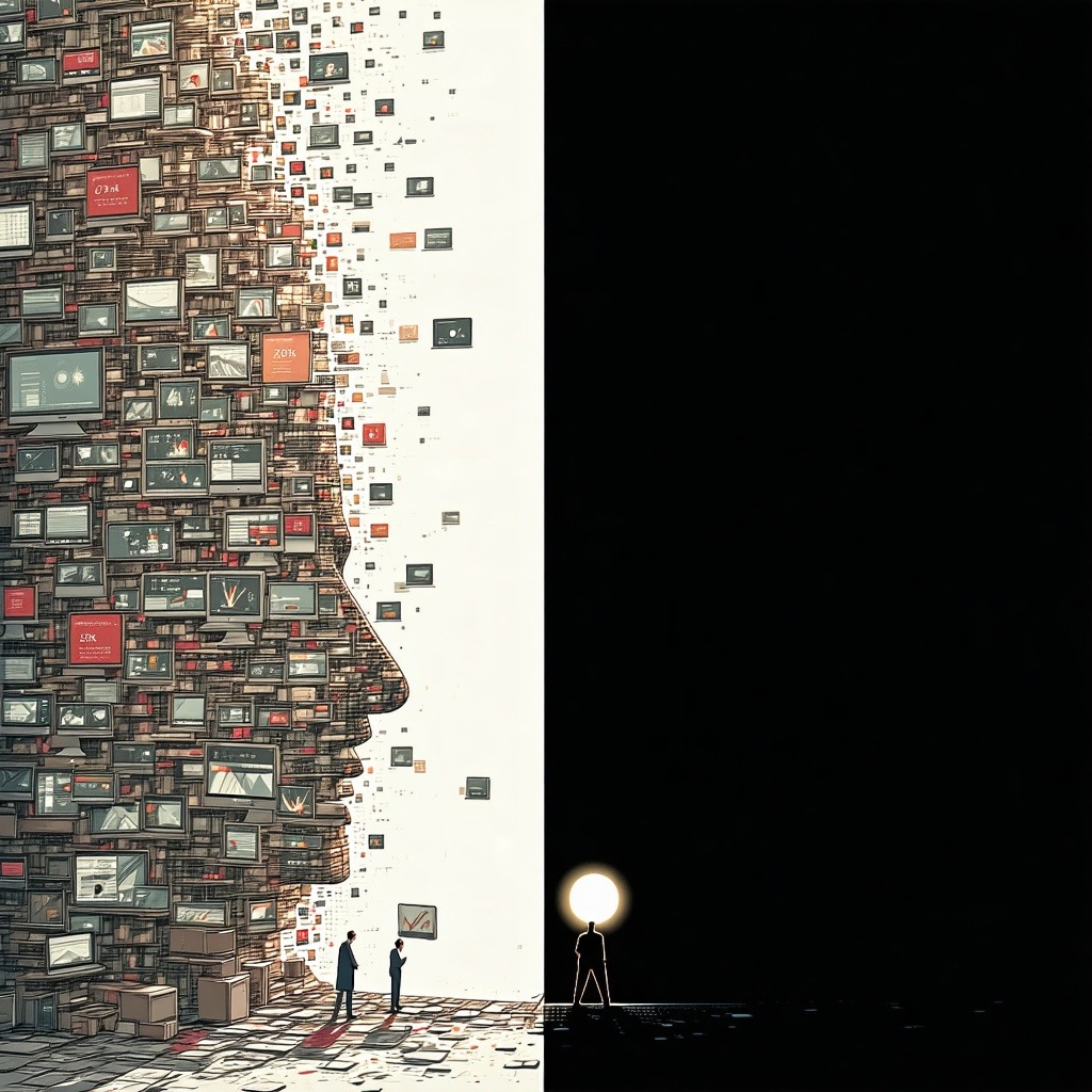 수많은 작은 화면들이 모여 얼굴 형태를 이루고 있고, 오른쪽에는 밝은 빛을 든 사람이 서 있다