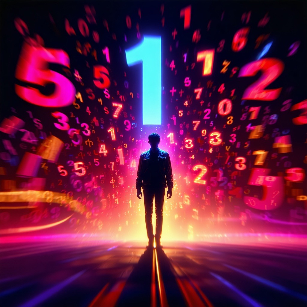다채로운 숫자들이 공중에 떠 있는 공간에서 한 남성이 중앙에 서 있다